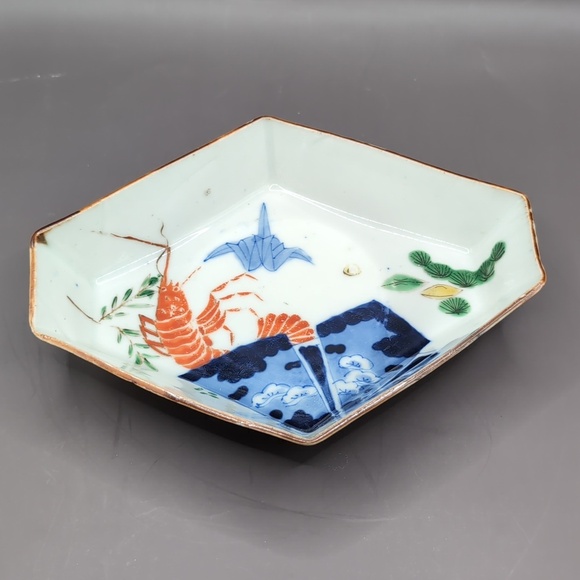 Antique Japanese Imari Porcelain Hexagonal Serving Bowl Dish Shrimp Crane Motif - Picture 2 of 14